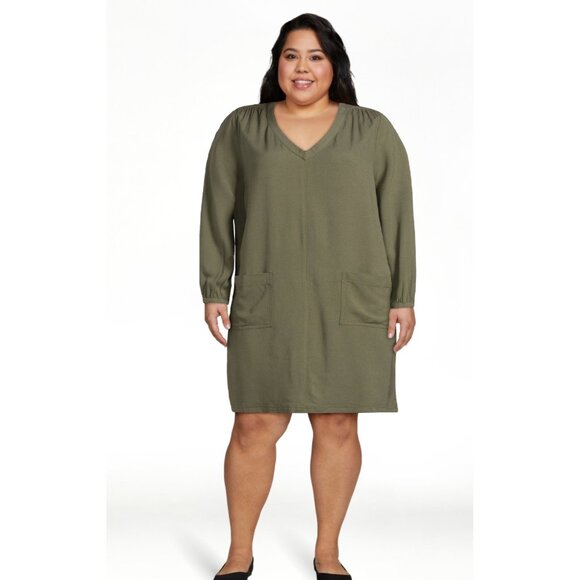 Olive green v-neck 3/4 sleeve dress NEW XL‎ - Picture 3 of 6
